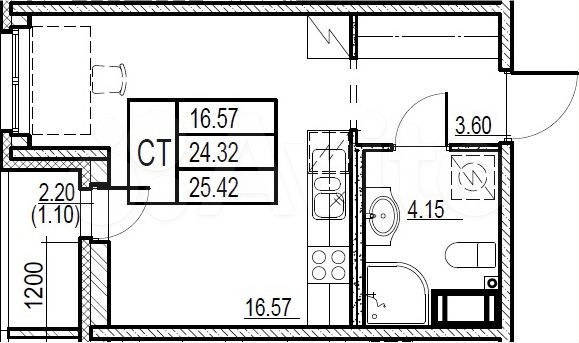 Квартира-студия, 25,4 м², 8/12 эт.