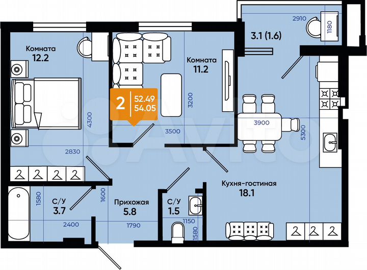 2-к. квартира, 54,1 м², 8/9 эт.