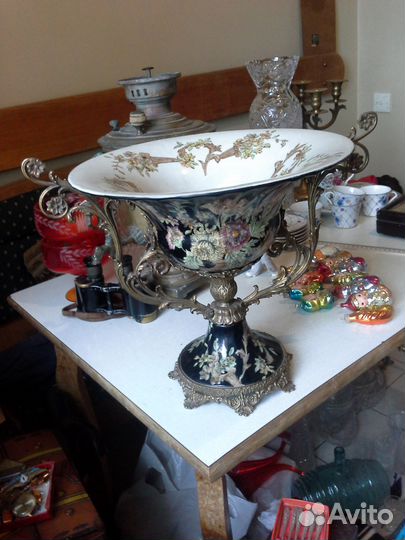 Бронзовая фарфоровая ваза большая кракелюр винтаж