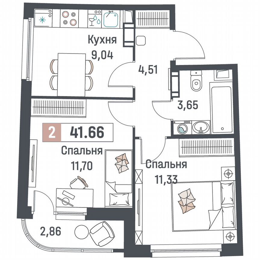 2-к. квартира, 41,7 м², 14/18 эт.