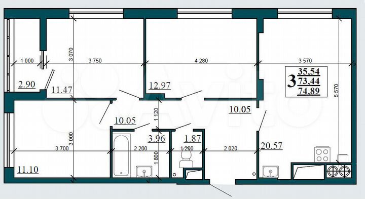 3-к. квартира, 74,9 м², 10/16 эт.