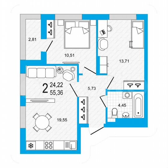 2-к. квартира, 55,4 м², 19/22 эт.