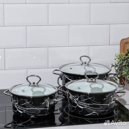 Набор кастрюль 'Черный мрамор-1-элит', 3 предмета