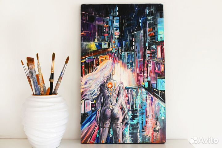 Картина маслом на холсте ночной город киберпанк