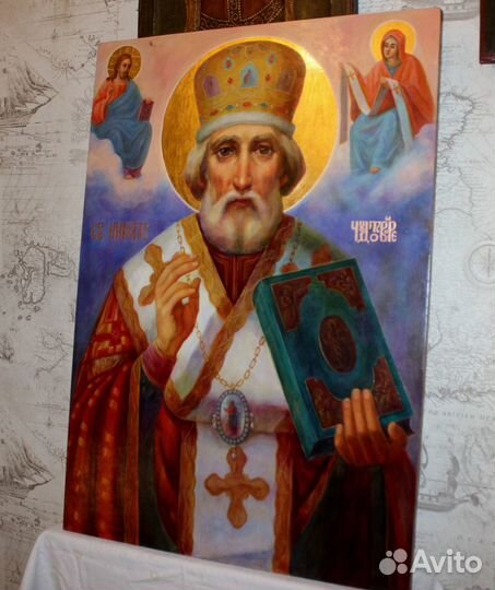 Большая Икона Николай Чудотворец 71*50 золото масл