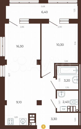 2-к. квартира, 47,8 м², 6/8 эт.