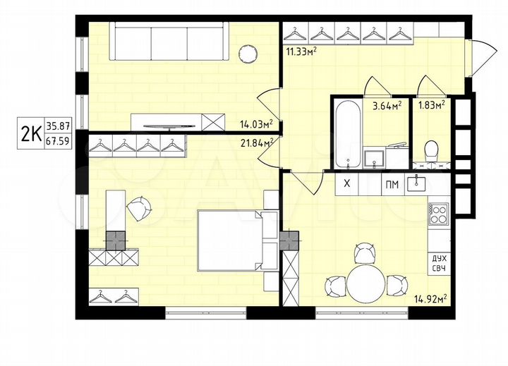 2-к. квартира, 67,6 м², 10/16 эт.