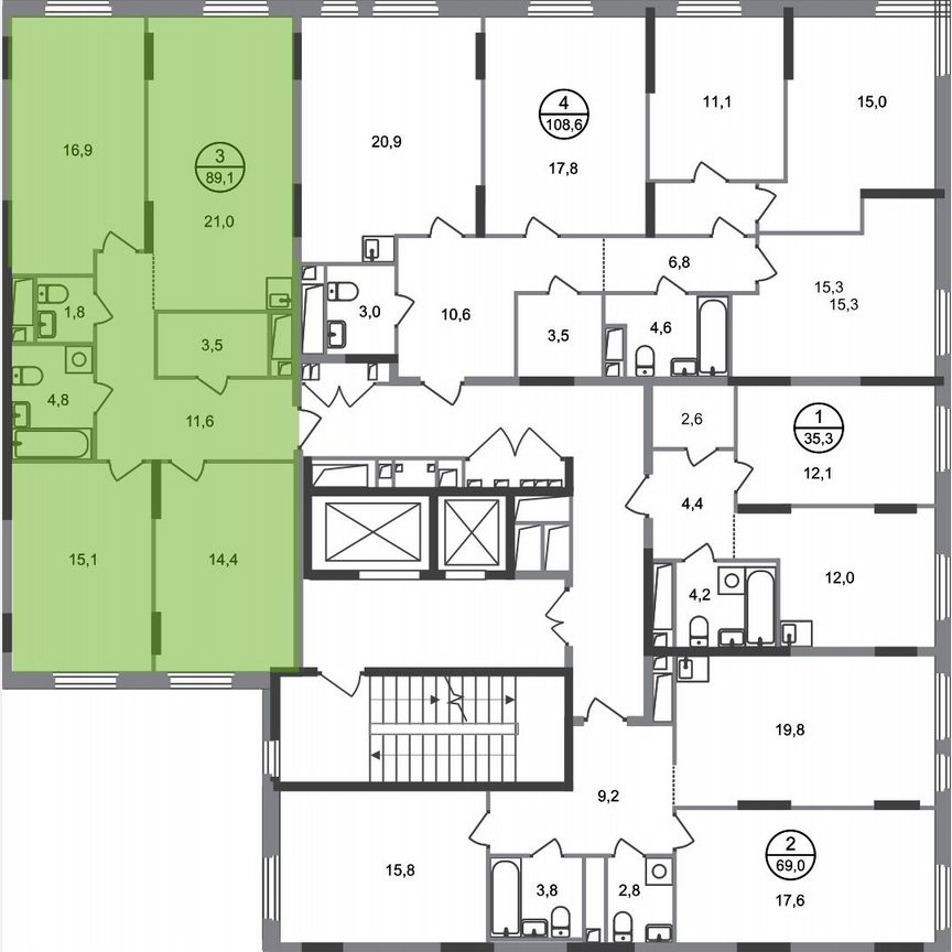 3-к. квартира, 89,1 м², 15/17 эт.