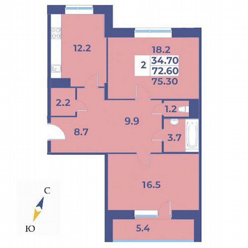 2-к. квартира, 75,3 м², 9/9 эт.