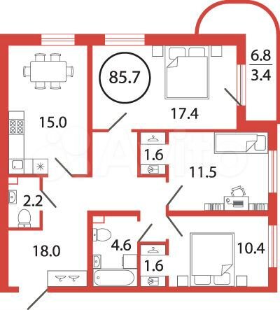 3-к. квартира, 85,7 м², 2/12 эт.