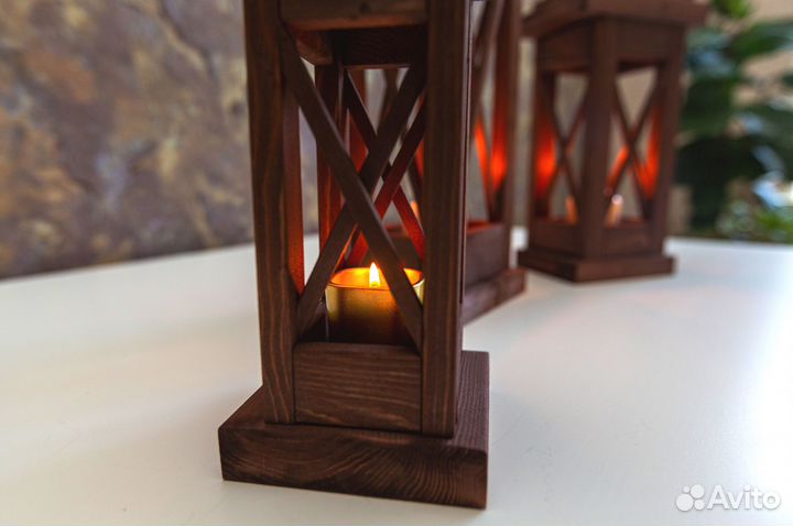 Деревянный фонарь подсвечник набор