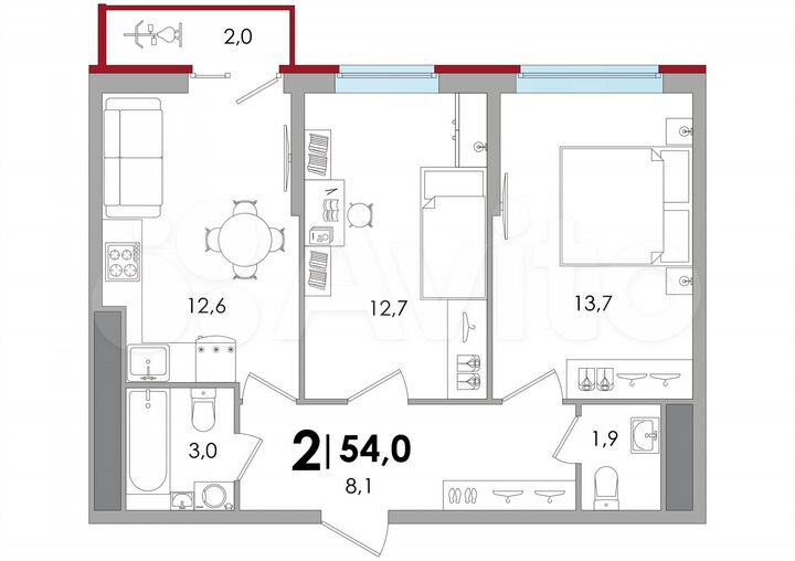2-к. квартира, 54,5 м², 16/16 эт.