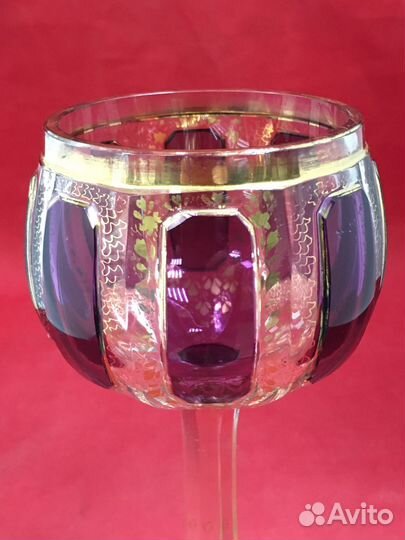 Бокал фужер старинный цветное стекло позолота