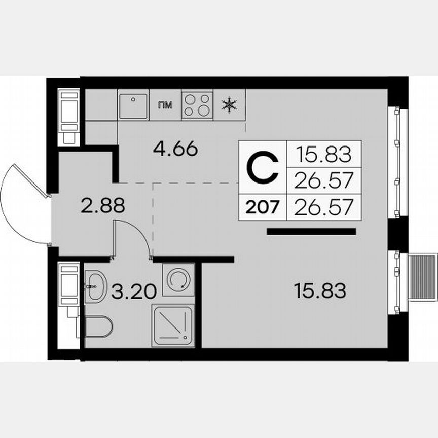 Квартира-студия, 26,6 м², 4/9 эт.