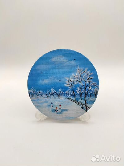 Магнит картина миниатюра на холсте Снеговики