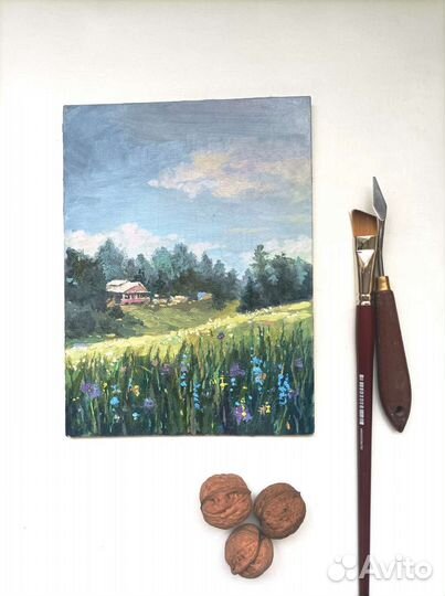 Картина с деревенским пейзажем. Масло, 24*18