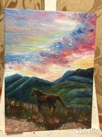 Картина маслом на холсте пейзаж лошадь