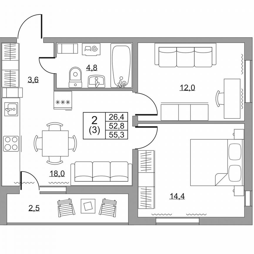 2-к. квартира, 55,3 м², 6/8 эт.