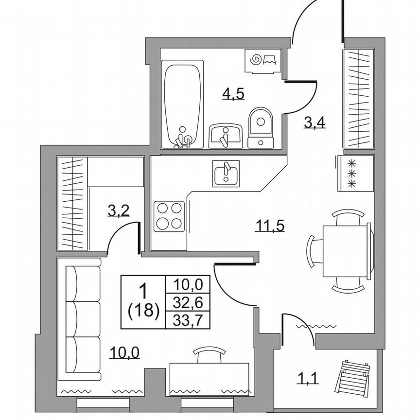 1-к. квартира, 33,7 м², 1/8 эт.