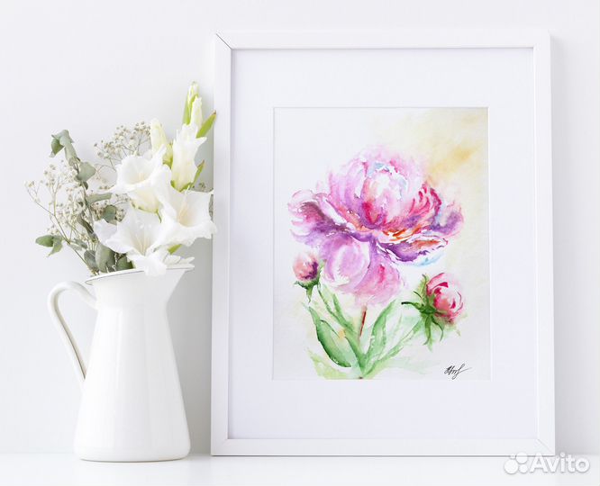 Картина акварелью Пион