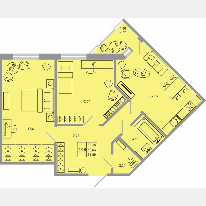 2-к. квартира, 61,9 м², 17/17 эт.