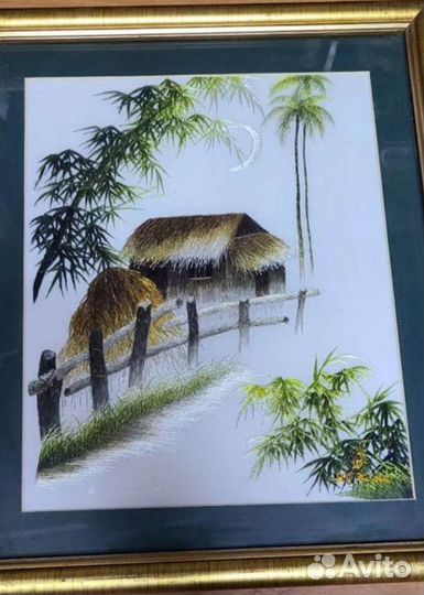 Старинная картина шёлком 18 век