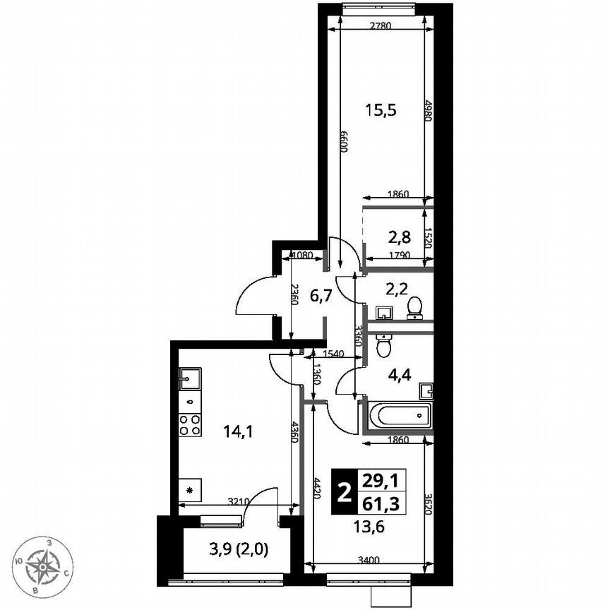 2-к. квартира, 61,3 м², 8/16 эт.