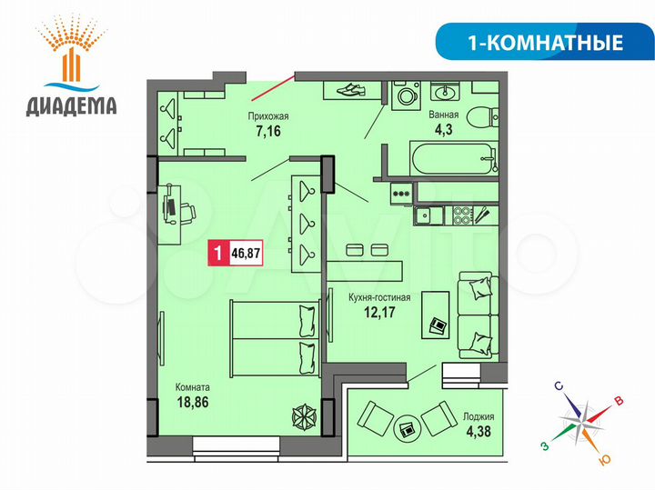 1-к. квартира, 46,9 м², 5/22 эт.