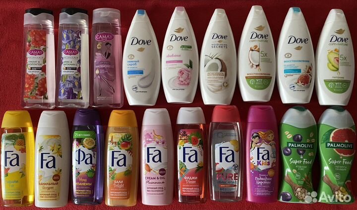 Гели для душа palmolive, чистая линия, dove,camay