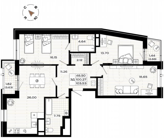 3-к. квартира, 103,6 м², 9/9 эт.
