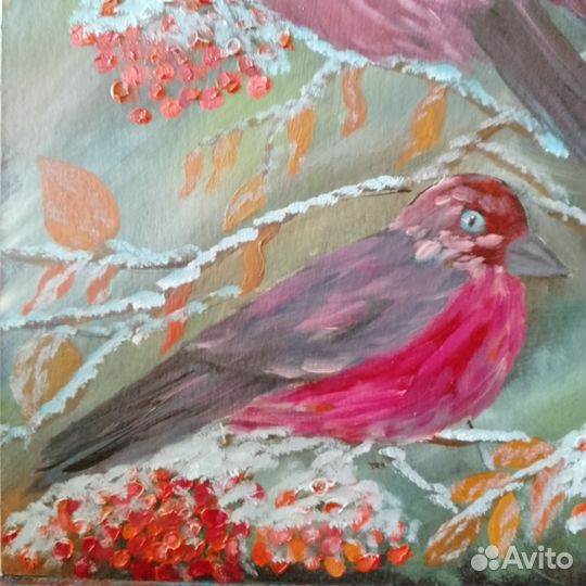 Картина маслом зимний пейзаж Японские снегири