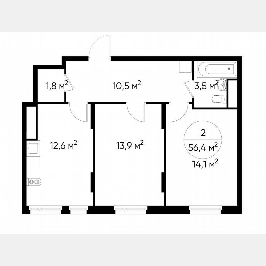 2-к. квартира, 56,4 м², 12/17 эт.