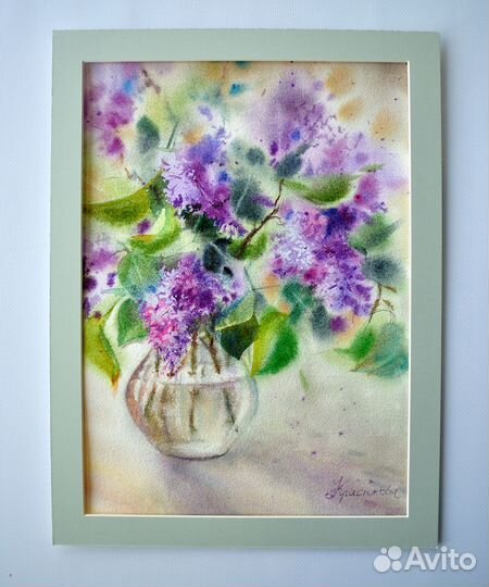 Картина Сирень в стеклянной вазе, цветы акварель