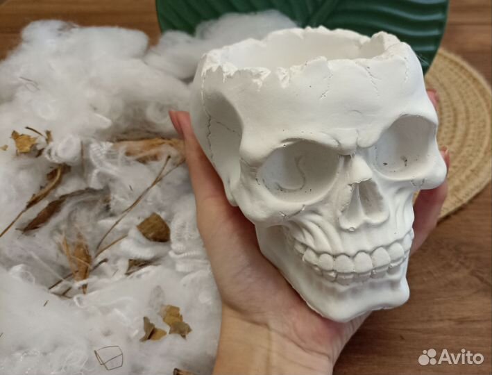 Статуэтка череп из гипса, искусственная паутина