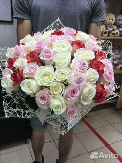 51 роза (розовый+белый+оранжевый) 40 см