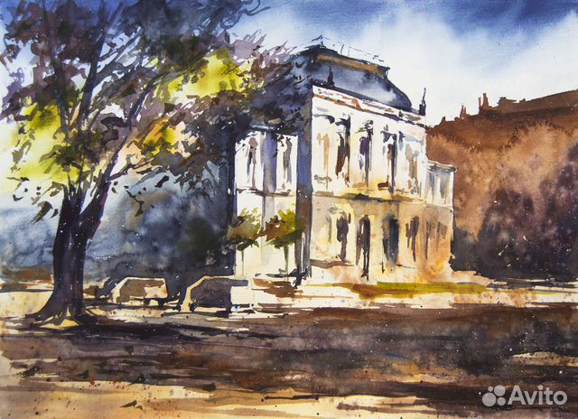 Картина акварелью городской пейзаж