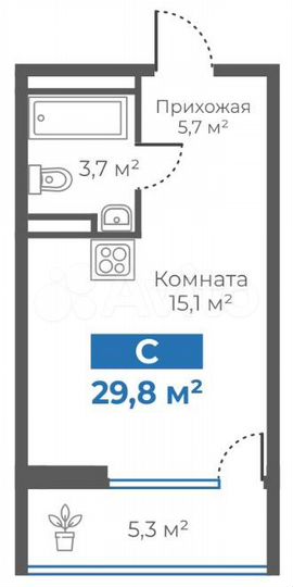 Квартира-студия, 29,8 м², 6/15 эт.