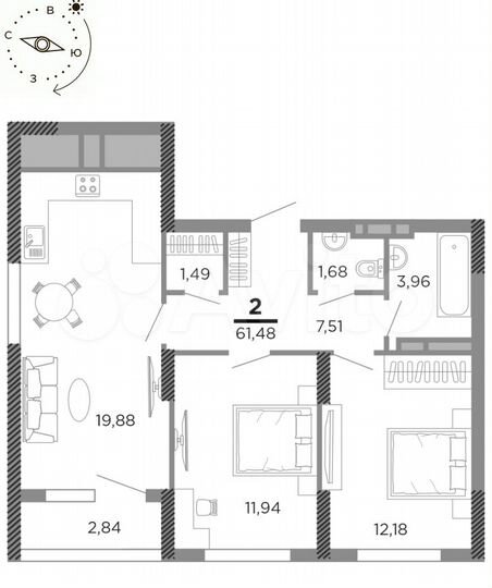 2-к. квартира, 61,6 м², 19/24 эт.