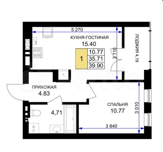 1-к. квартира, 39,9 м², 5/7 эт.