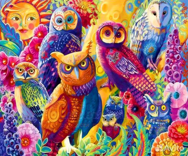 Картина по номерам 30x40 Разноцветные совы среди ц