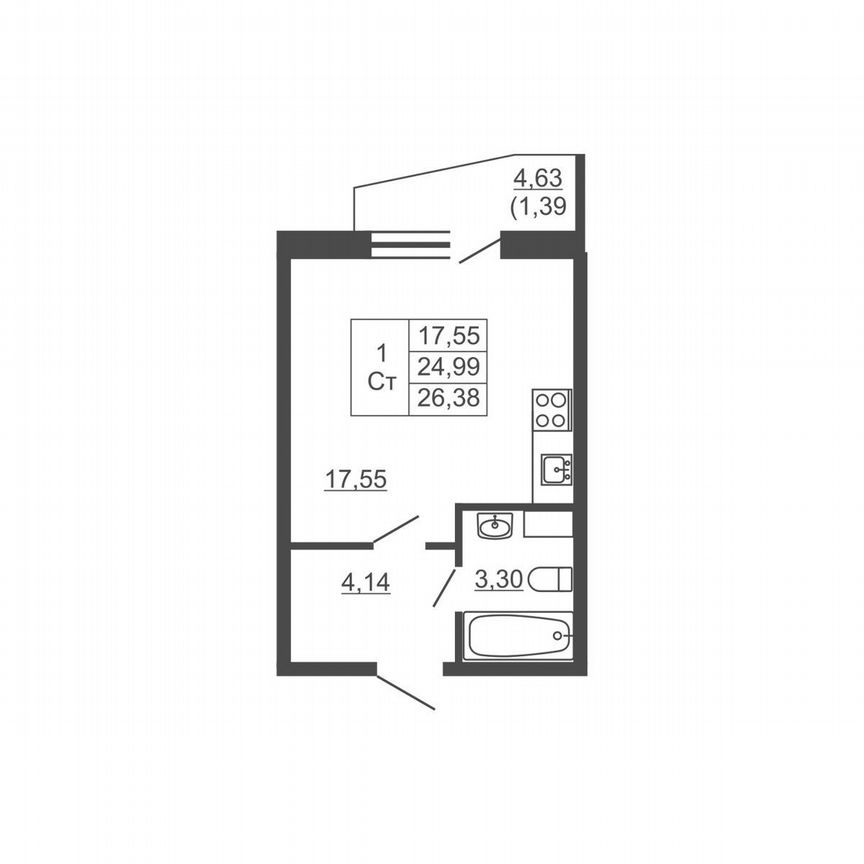 Квартира-студия, 26,4 м², 9/16 эт.