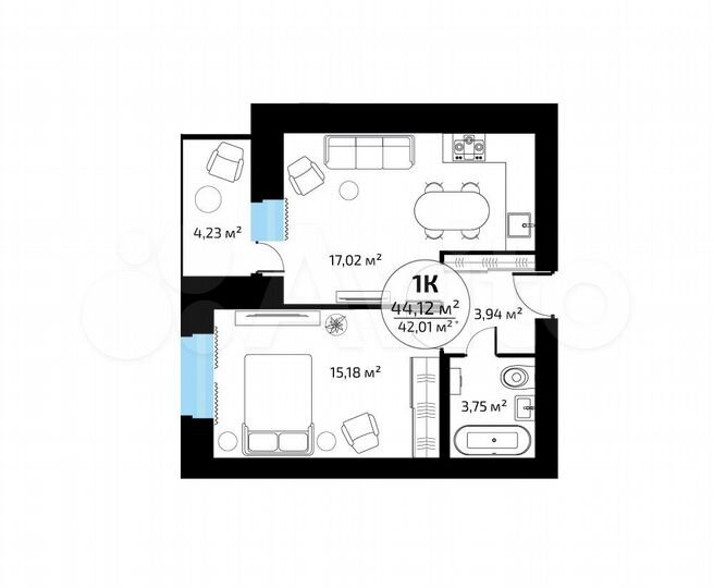 1-к. квартира, 42 м², 6/16 эт.