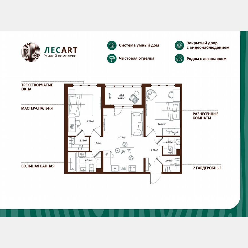2-к. квартира, 61,8 м², 7/12 эт.