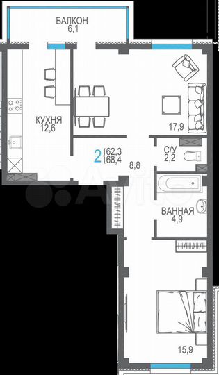2-к. квартира, 68,4 м², 5/9 эт.