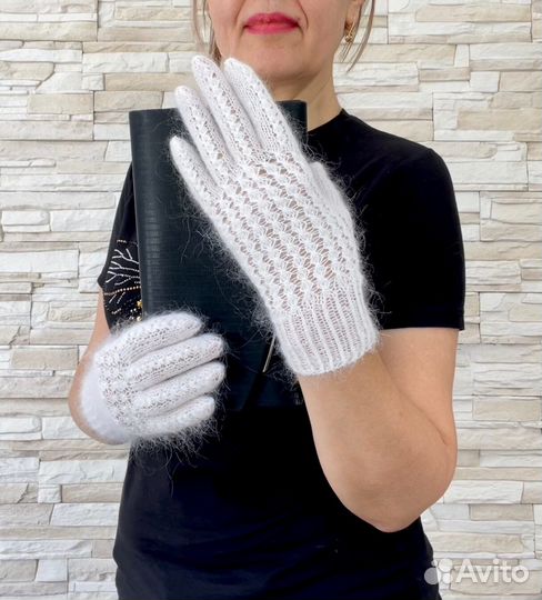 Перчатки вязаные белые ажурные Козий пух