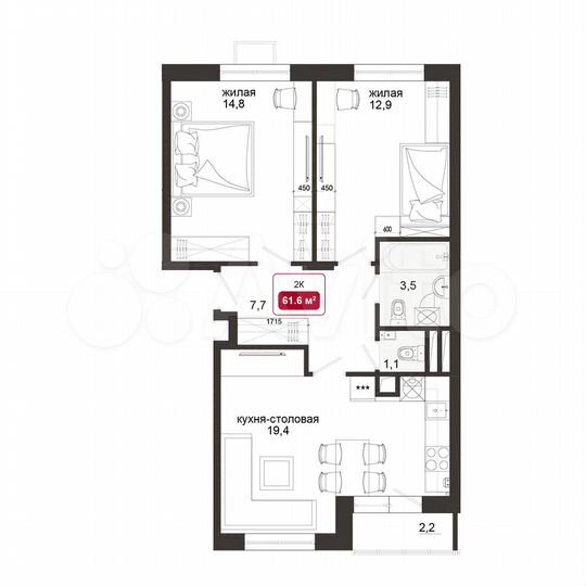 2-к. квартира, 61,9 м², 2/4 эт.