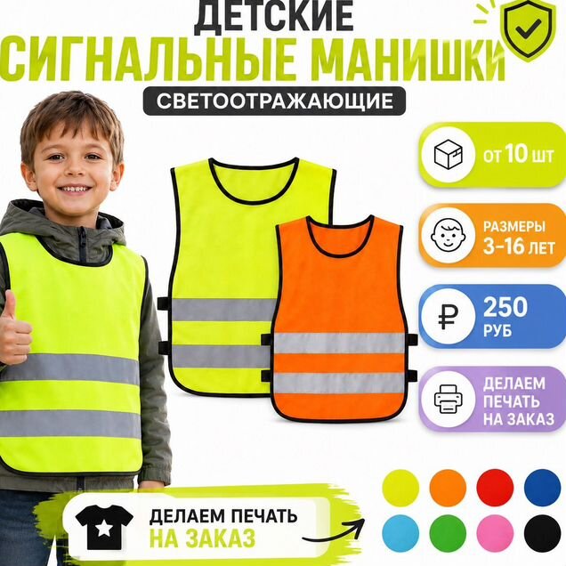Детскте жилеты накидки манишки сигнальные