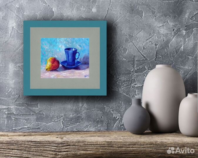 Картина маслом Натюрморт Синяя кружка и груша