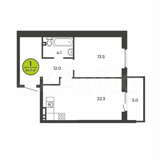 1-к. квартира, 54,3 м², 4/9 эт.