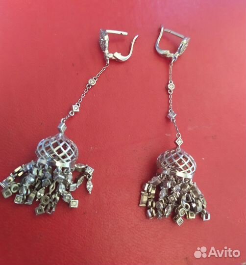 Серьги длинные серебро, фианиты, новые